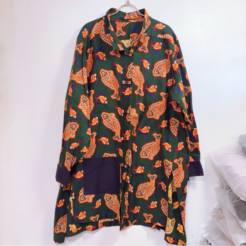 Hand Sewn Upcycled Oversized Colorful Lucky Fish Patterned Button Down Shirt XXL